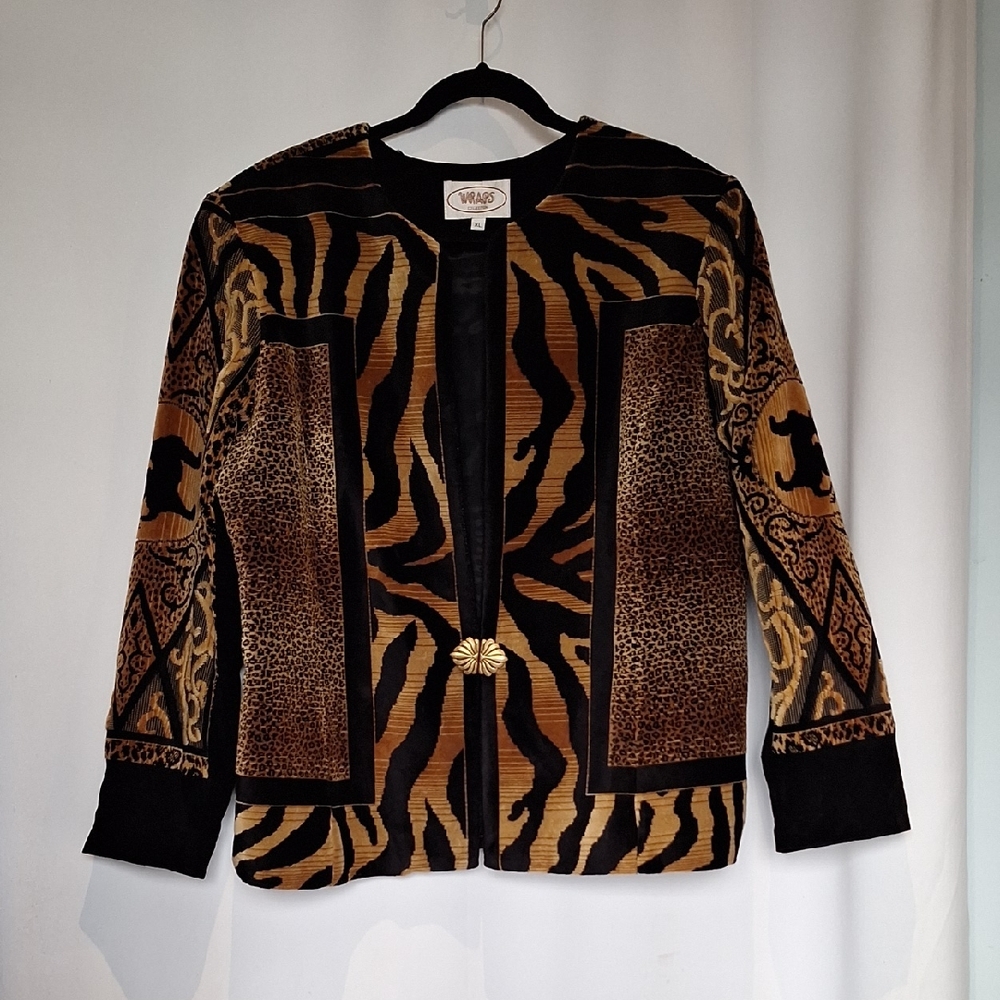 Wraps Collection Black and Brown Velvet Animal Print Blazer Jacket Size XL